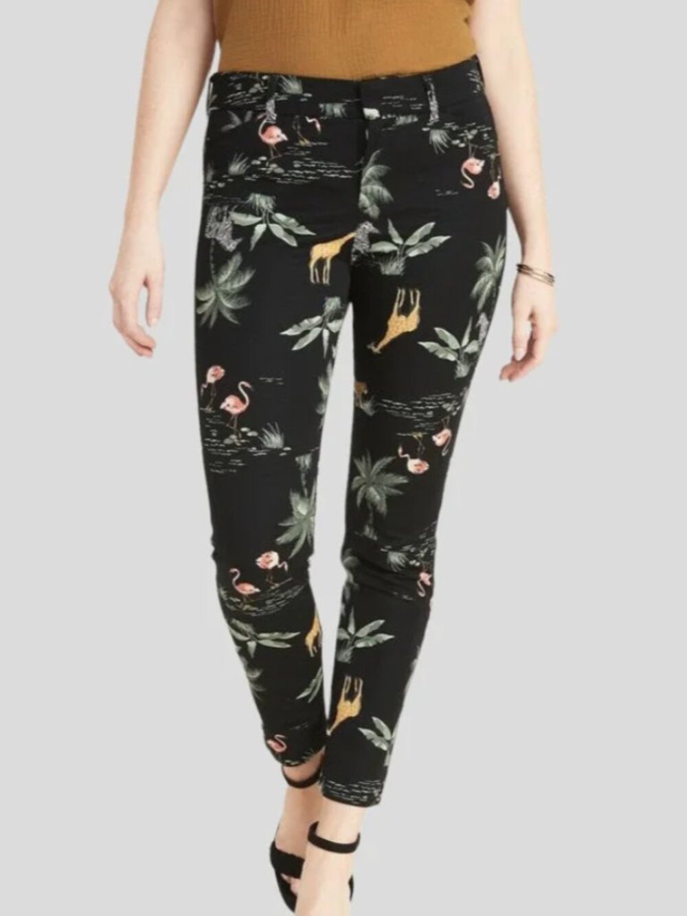 OLD NAVY Mid Rise Printed Pixie Ankle Pants Black Tropical Floral Summer Cropped